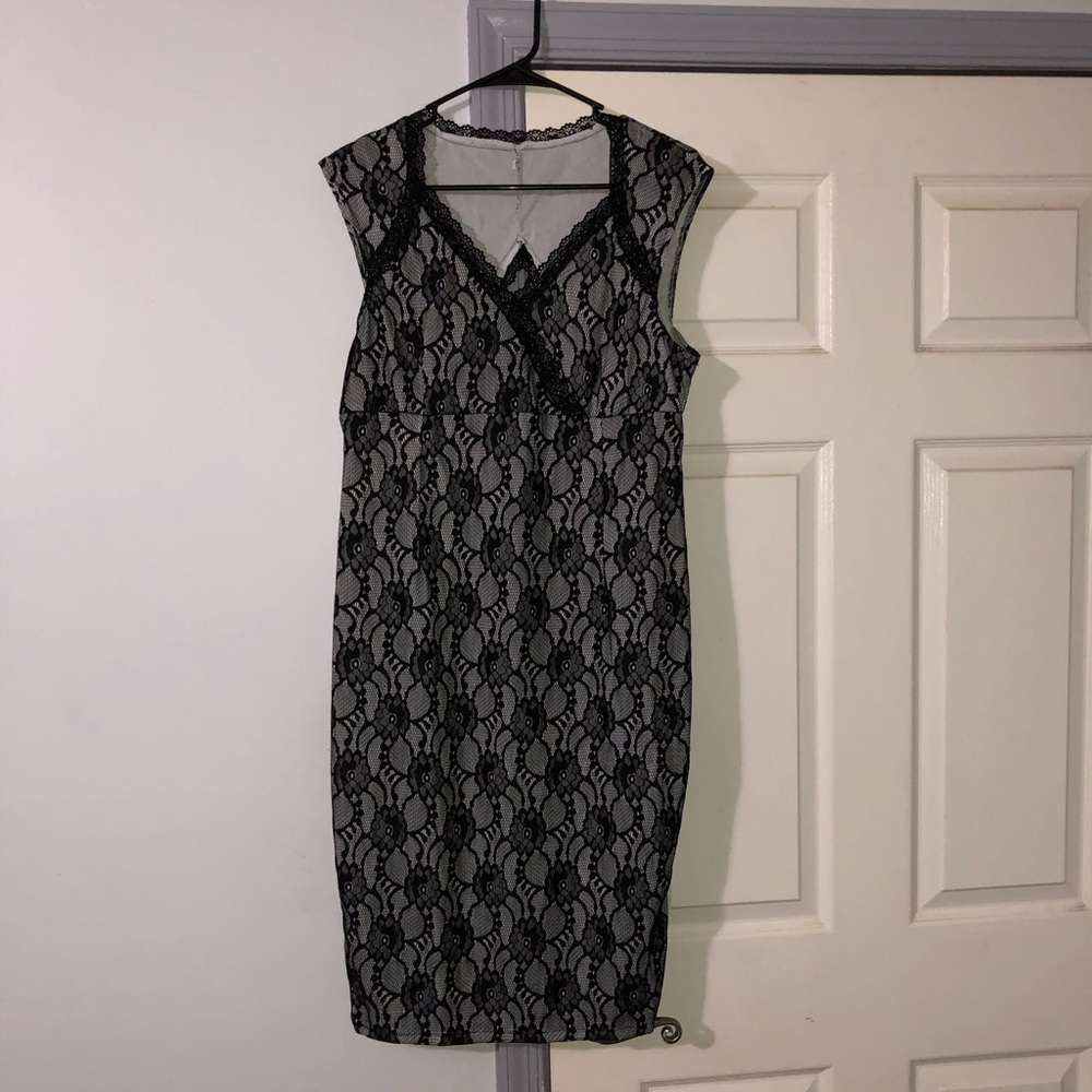 Black lace over gray background midi dress